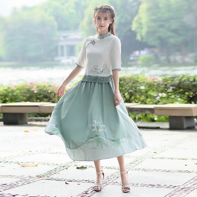 

SHENG COCO M-5XL Linen Suits Ladies Hanfu Woman Traditional Chinese Skirt Suits Qipao Tops And Skirt Suits Guzheng Set Plus Size