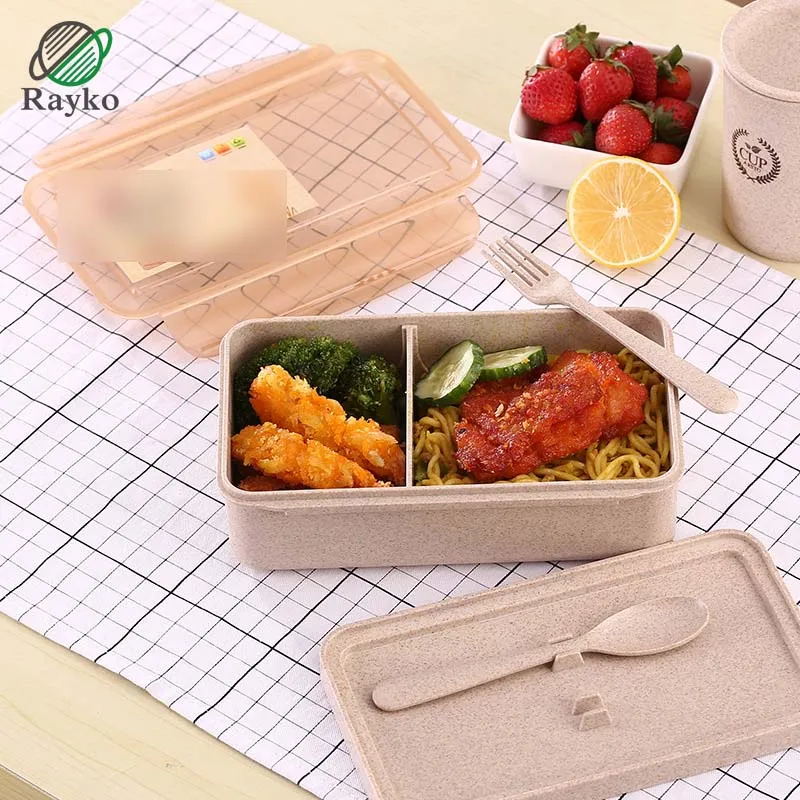 

New Fashion Rectangular Plastic Lunch Box Creative Wheat Straw Two Grid Business Office Lunch Box Available Microwavable