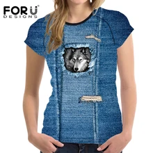 FORUDESIGNS/Новинка; Джинсовая 3D футболка с изображением волка/льва; женская модная футболка с короткими рукавами; топы; футболки для девочек; женская одежда