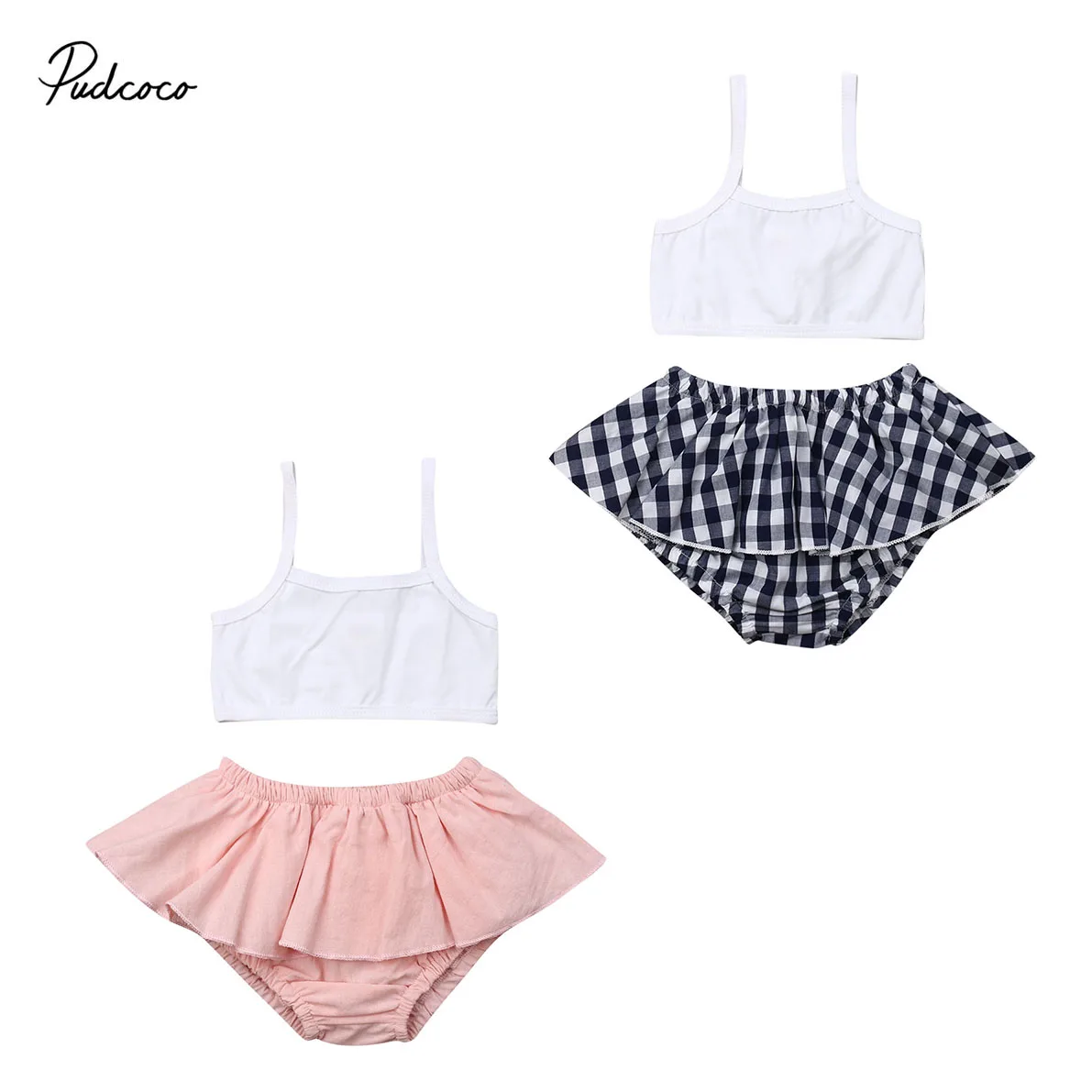 

2019 Brand Princess Toddler Kid Baby Girl Summer Clothes Solid Tank Crop Top Plaid Ruffle Tutu Dress Shorts Skirts 2PCS Outfit