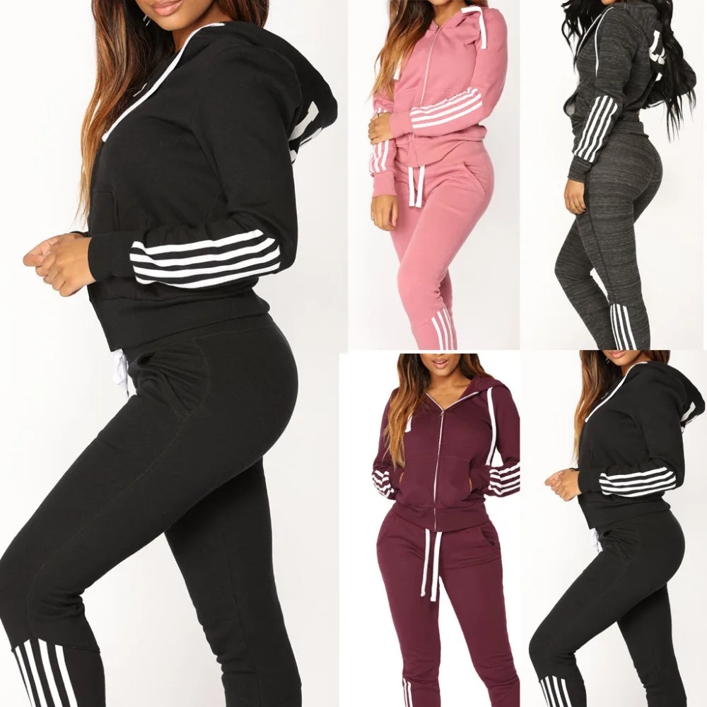 

Fashion Women Casual Stripe Zipper Long Sleeve Pullove Sport Tops+Long Pants Set Fashion Women Casual Stripe Zipper Long 3.6