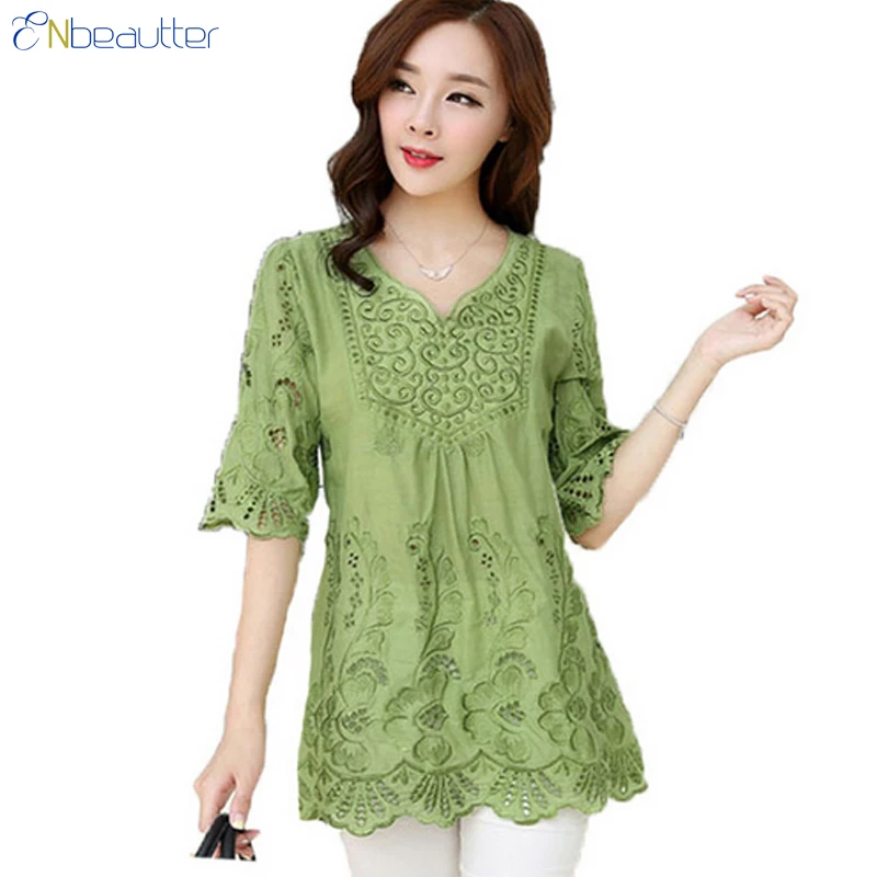 

ENbeautter Summer Tops Women V-Neck Embroidery Hollow Out Shirts Plus Size 5XL Horn Sleeve Loose Blouse Fashion Female Clothes