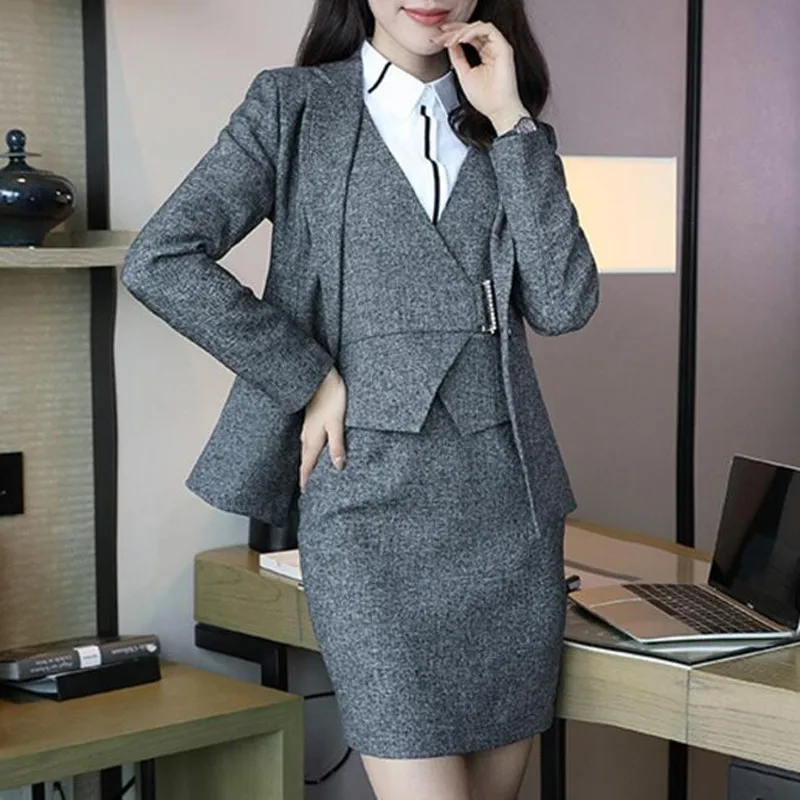 

Business Women Pencil Dress Suit Winter Autumn Spring Formal Wear Blazer Slim Fit Dress Office Lady Notched Jacket Female Outfit