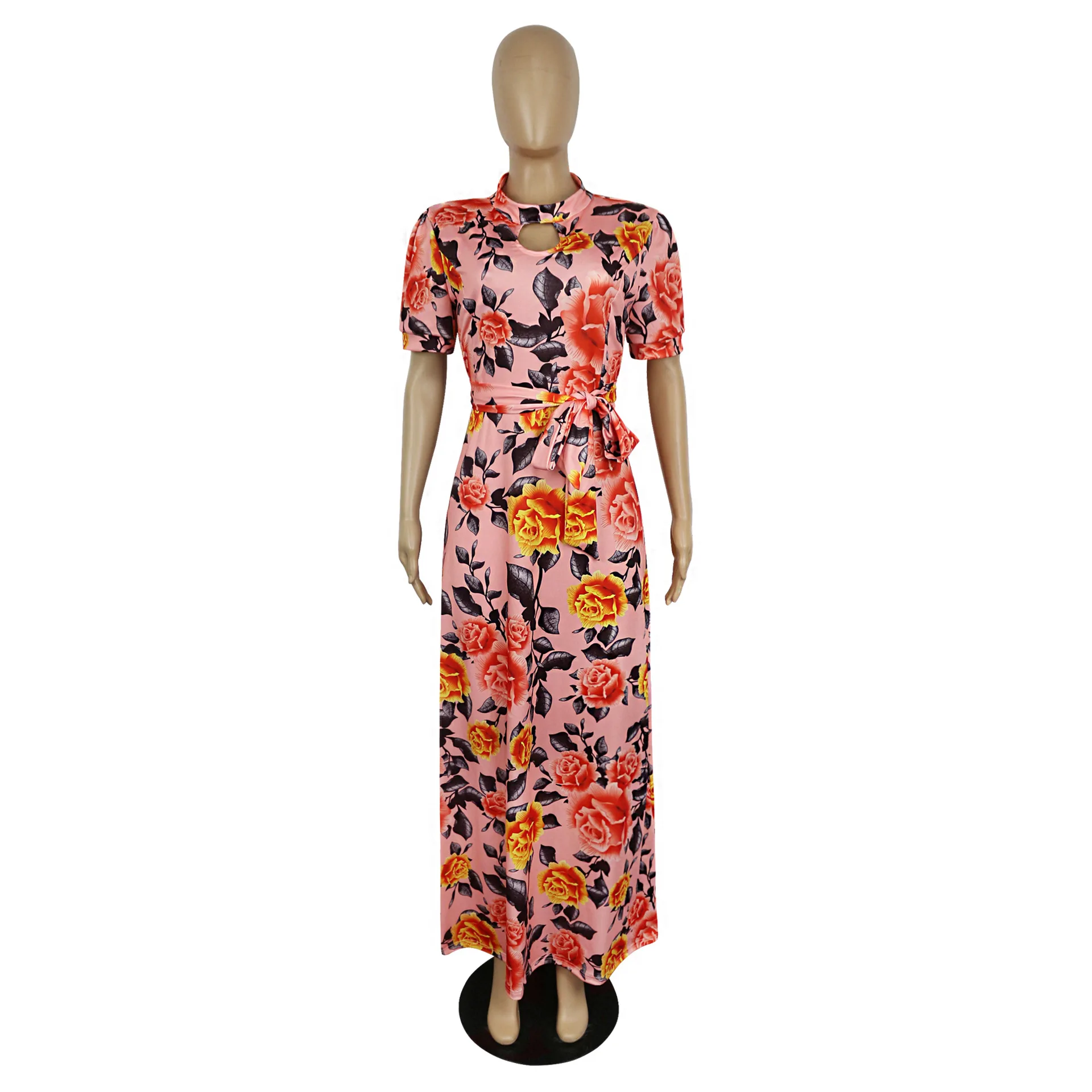 Модное Длинное Платье макси с цветочным принтом, женское Элегантное летнее платье с коротким рукавом и вырезом на шее, женское Повседневное платье, рабочая одежда
