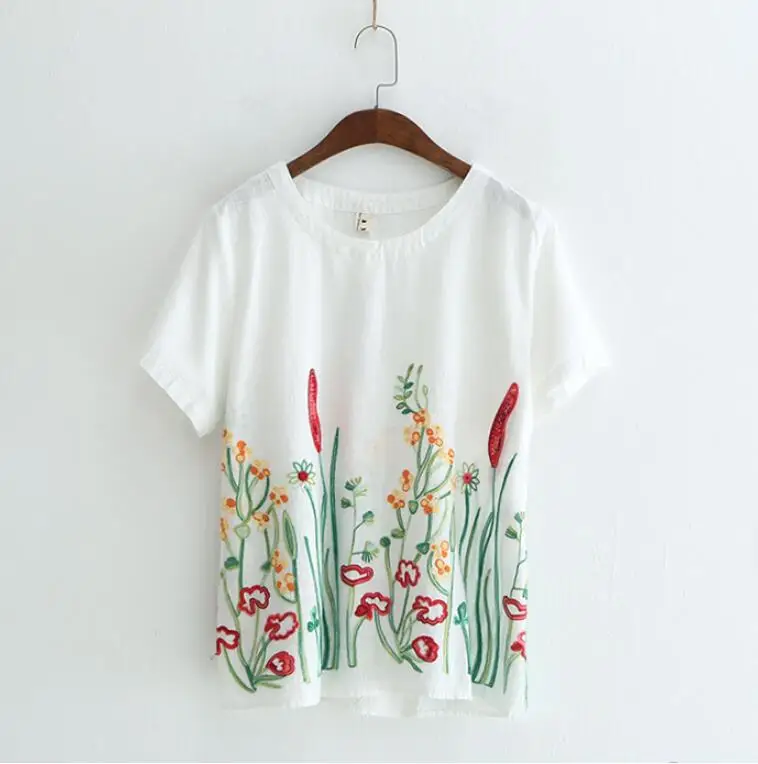 

Mori Girl Art Retro Embroidered Shirt Summer Women's New O-Neck Short-sleeved Loose Shirt Top