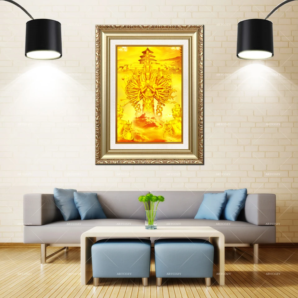 Artcozy Золотая рамка абстрактный храм heavenThousand-hand Bodhisattva водостойкая Картина на холсте