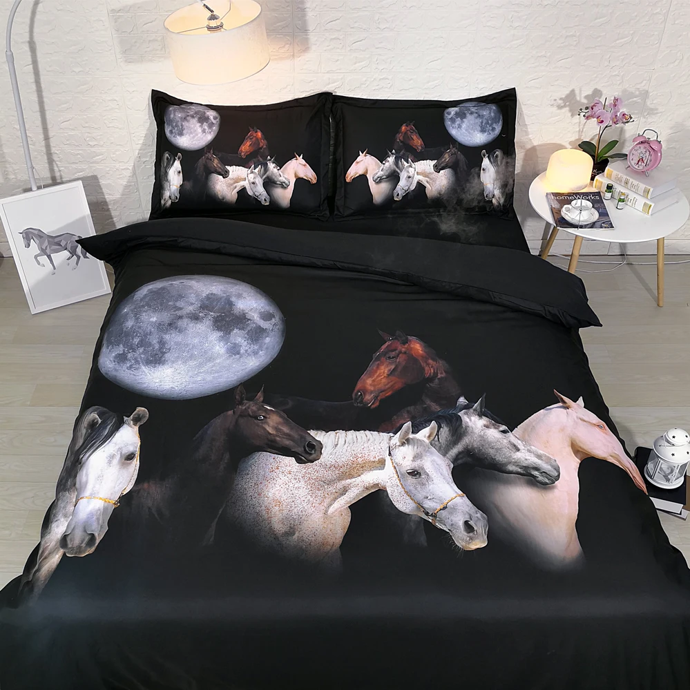 4/6pcs JF281 Black bedclothes single bed linen 3D horse and moon