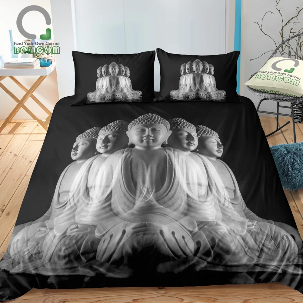 

BOMCOM 3D Digital Printing Buddha Om Sign Mandala Background Mandala Energy Duvet Cover Set 100% Microfiber Black & White