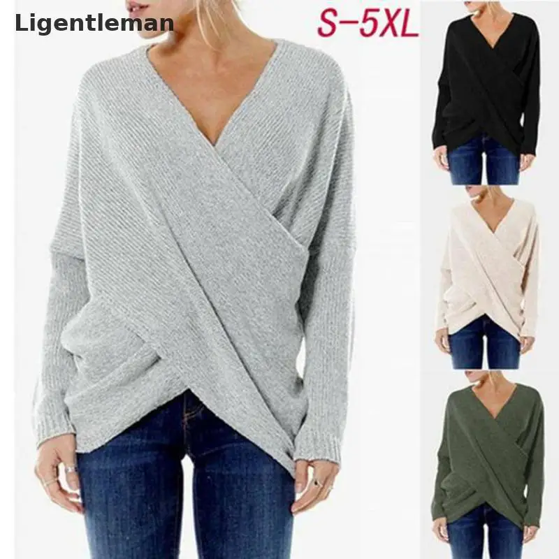 

New Women Spring Irregular Sweater White Black Green V-neck Criss-cross Ladies Casual Pullover Plus Size 5xl