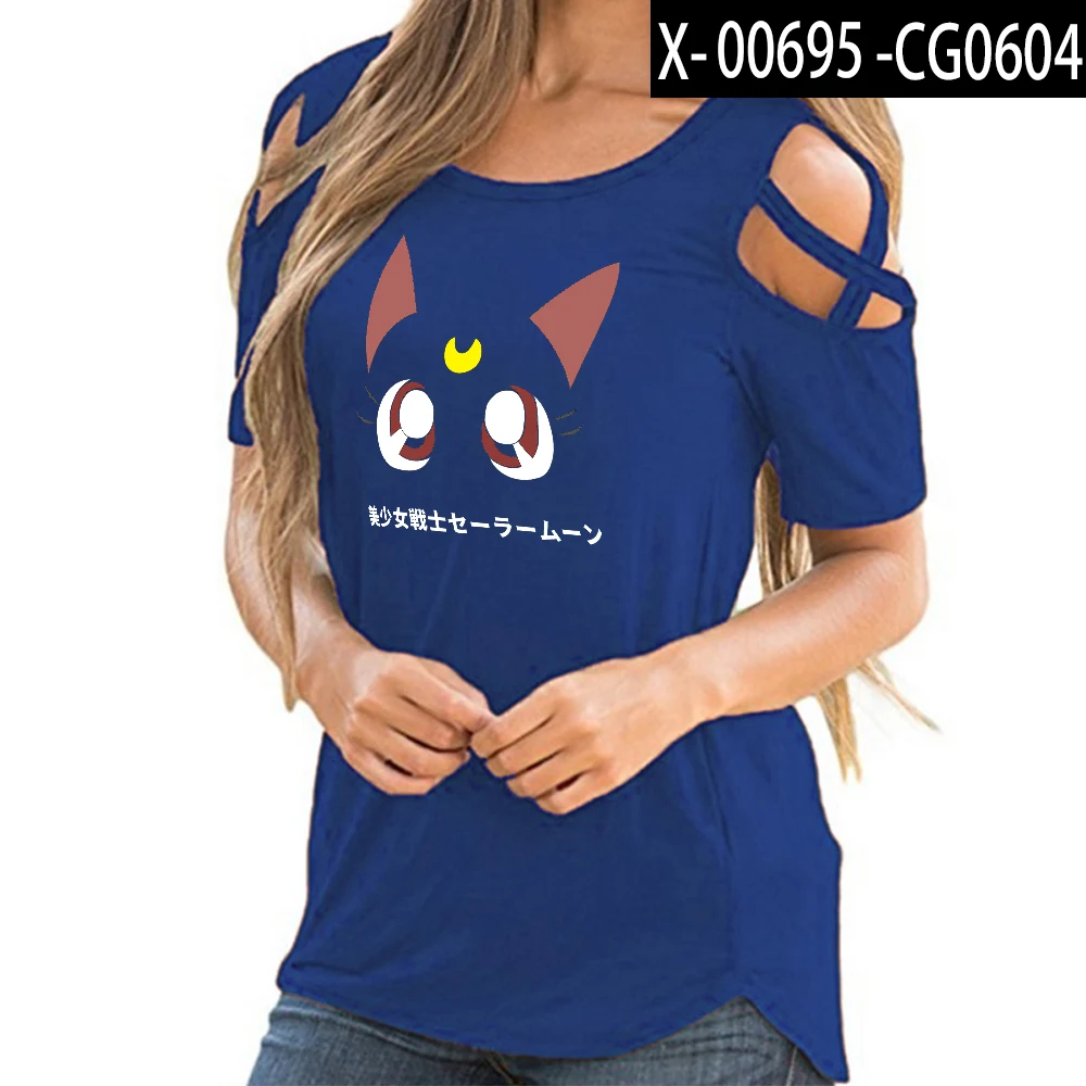 Frdun Tommee Сейлор Мун женская футболка kawaii Harajuku с открытыми плечами летний топ футболка женская рубашка открытая уличная одежда - Цвет: Blue