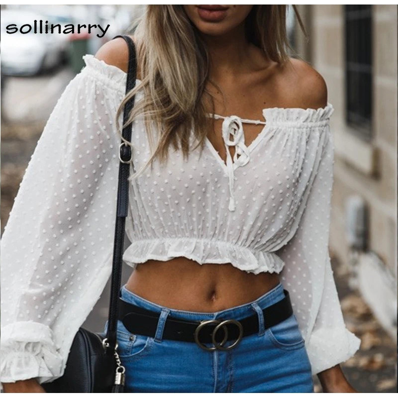 Sollinarry Off Shoulder White Women Blouse Shirt Solid Long Sleeve Short Blouse High Street See Through Club Sexy Crop Top Blouses