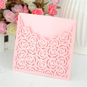 

Pink pearl paper laser cut rose pocket wedding invitations
