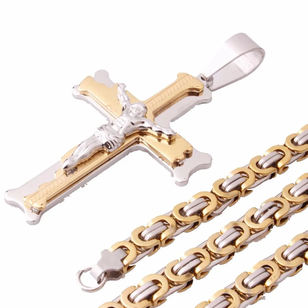 

Popular Silver Gold Color Jesus Cross Stainless Steel Pendant Necklace 6mm Flat Byzantine Chain Choker For Cool Men's Xmas Gift