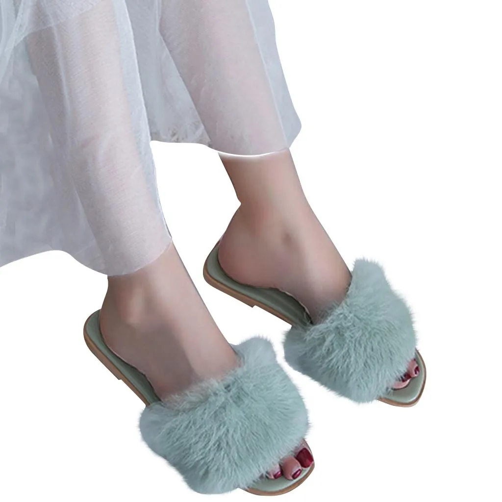 

2019 Women Warm Fur Slippers Solid Short Plush Open Toe Soft Outside Home Slippers Indoors Floor Bed Room Shoes Female Slides