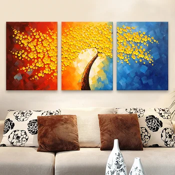 

3 Pieces Panel Wall Art Palette Knife Hand Painted Yellow Flower Oil painting On Canvas Wall Pictures Painting For Living Room 3