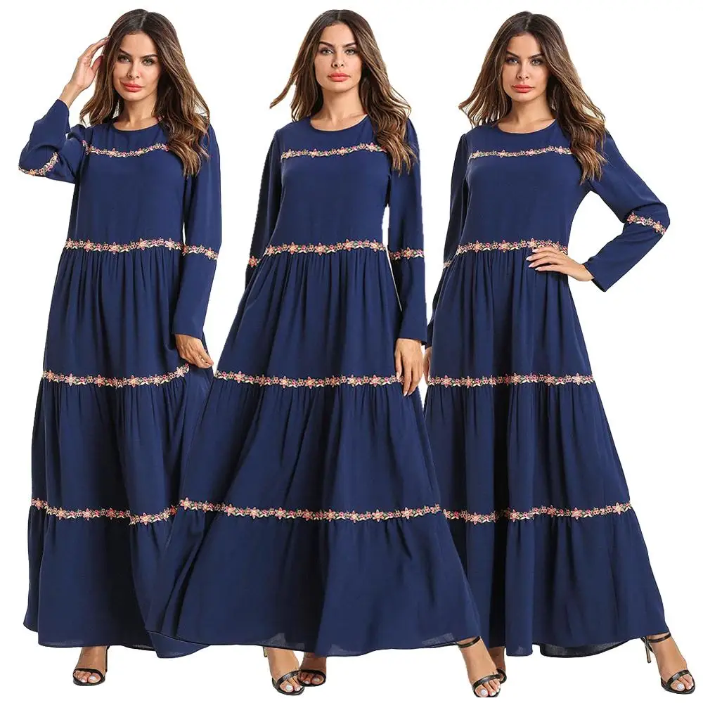 

Women Muslim Ramadan Long Dress Navy Blue Round Neck Long Sleeve Maxi Dresses Ethnic Embroidery Ruffles Draped Swing Design New