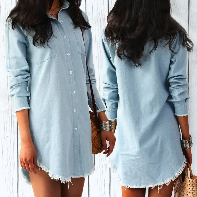  Women Long Sleeve Jean Blouse Denim Shirt Dress Female Plus Size Turndown Shirts Summer Lady Casual