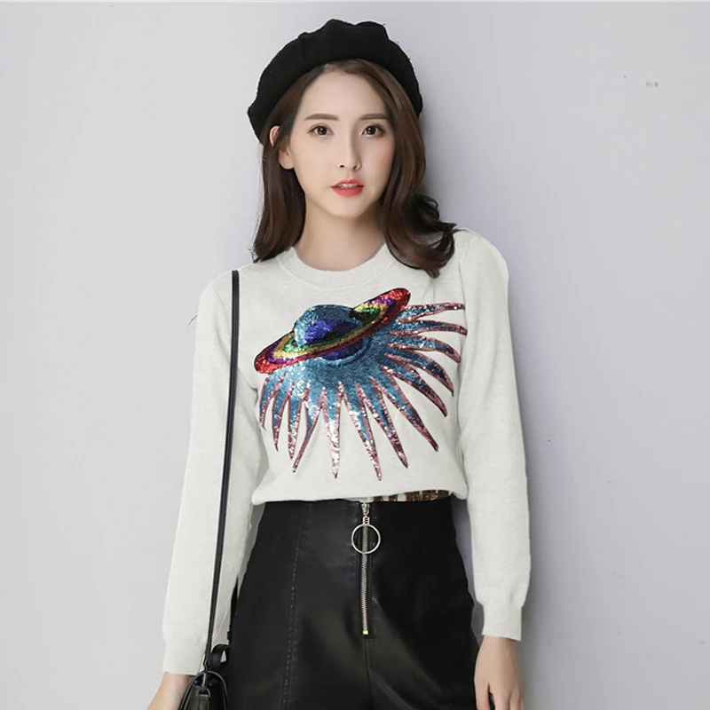 

2018 Autumn UFO planet sequins letters knit pullovers female sweater jumper Long Sleeve Loved letter Sweater