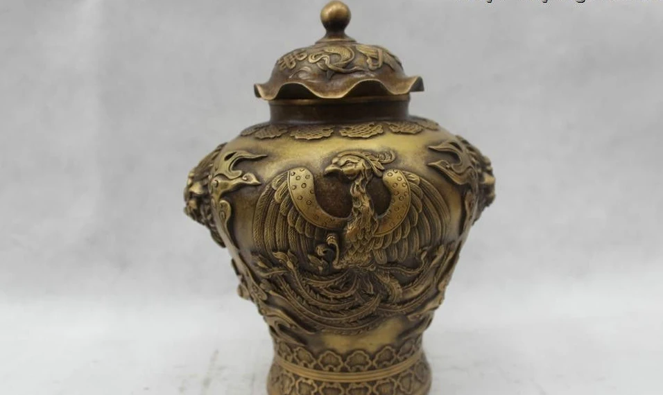 

13"China Folk Pure Bronze Lucky excellent eight treasures phoenix Pot Vase