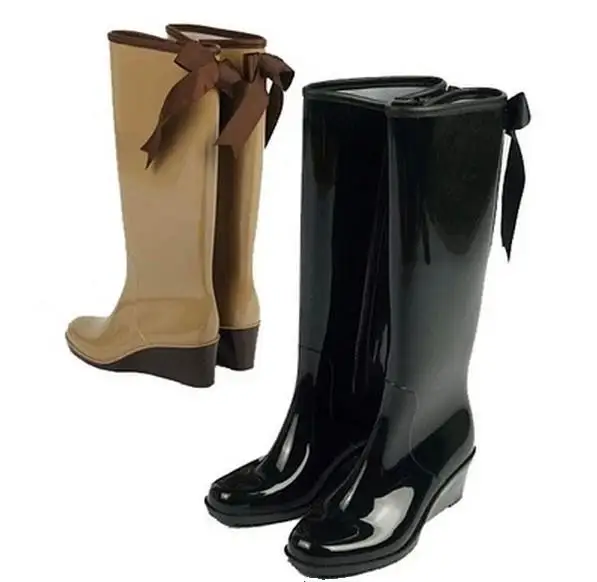 2015 fashion wedge heel high women's rain boots tall zipper bow fashion rainboots water shoes