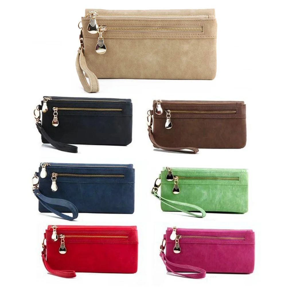  Women Fashion Vintage Double Zipper Dull Polish Leather Long Wallet Handbag  High Quality 
