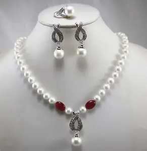 

Free shippingNew Design Women'S White Pearl Necklace Earring Ring(7/8/9)Jewelry Set