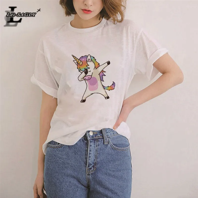 

Lei SAGLY Dancing Unicorn Funny T Shirt Female Summer Short Sleeve Tshirt Homme Cute Streetwear Super Softe T-shirts