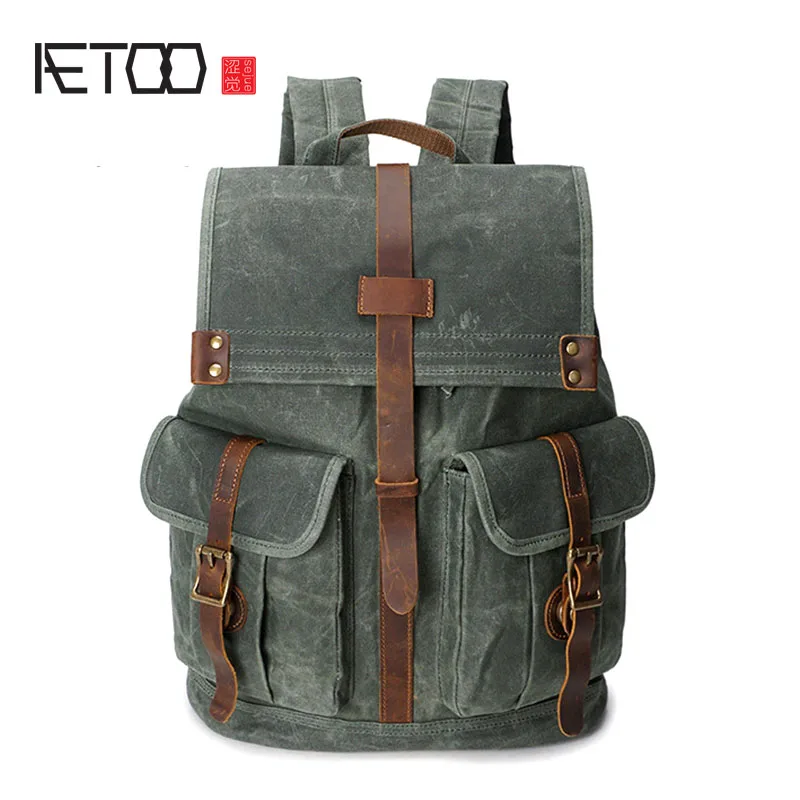 BJYL New Men's Backpack Men's Oil Wax Canvas Backpack Shoulder Retro Travel Bag Waterproof Travel Backpack