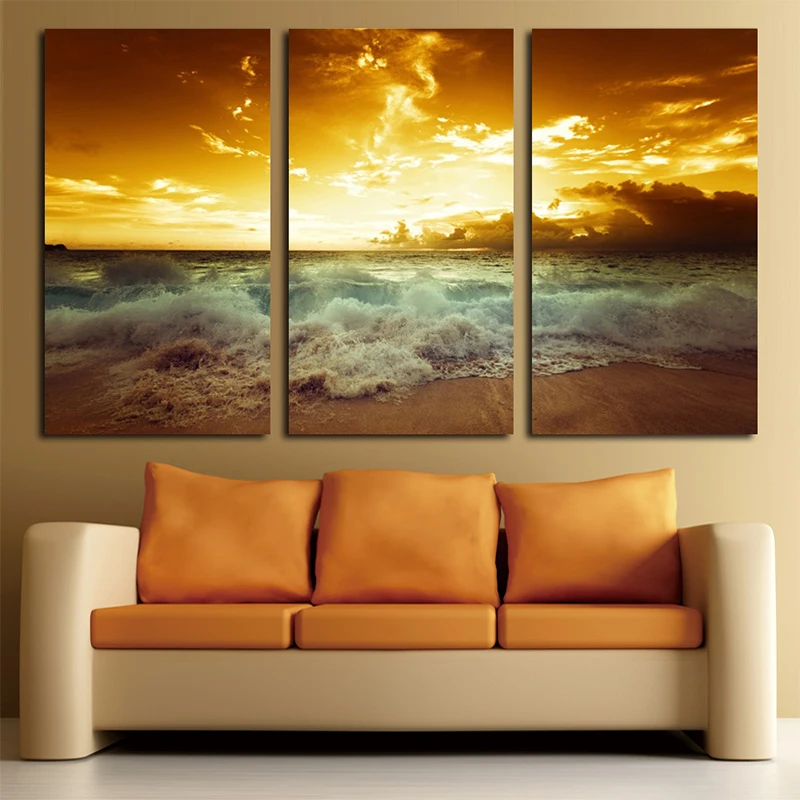 Unframed 3 Piece Yellow Sea setting sun Modern Wall Painting Home Wall