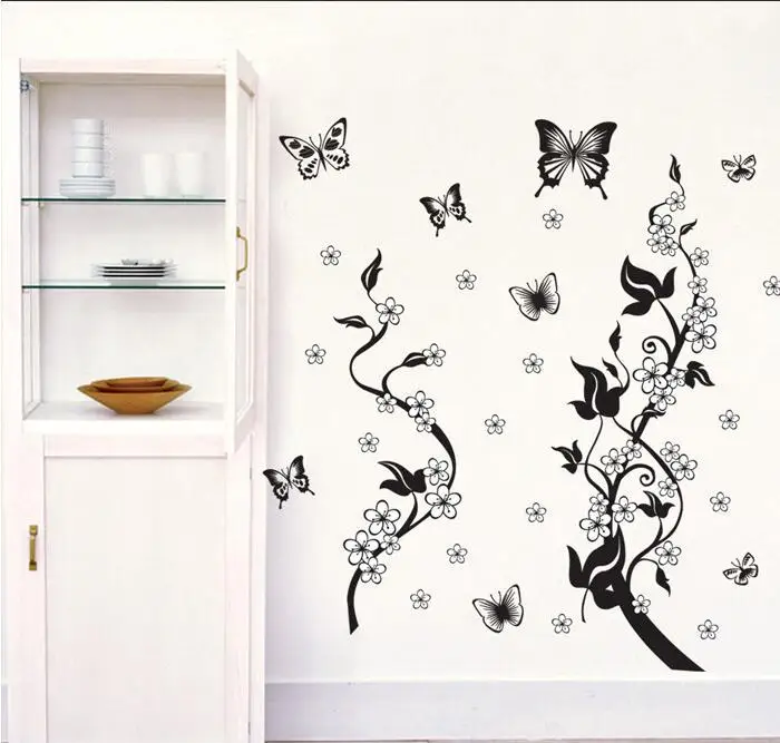 

Free Shipping DIY Black Butterfly Love Flower Tree DIY Wall Decor Sticker 3D Vintage Living Room Home Decor Mural Decal