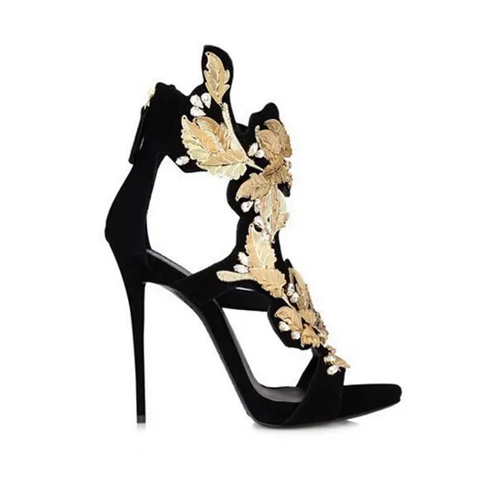 Luxury Crystal Gold Leaf Women Sandals Black Suede Gladiator Sandals Women Wedding Shoes Woman High Heels Pumps Sandalias Mujer (17)