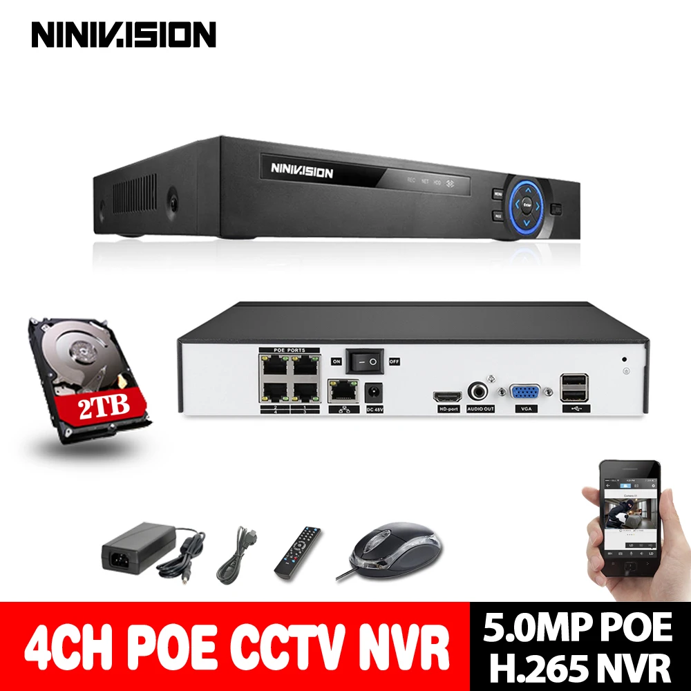 H.265 4CH или 8CH CCTV NVR PoE 48 в 4*5 Мп/8*4 Мп наблюдения безопасный видеорегистратор ONVIF IP Камера обнаружения движения PoE NVR P2P