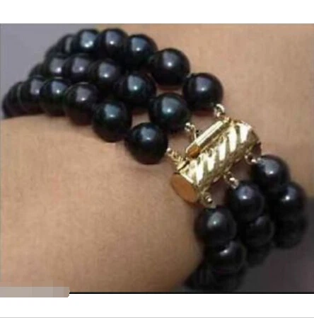 

Three rows 9-10mm south sea black pearl bracelet 7.5-8" 14KGP/20CLASP @^Noble style Natural Fine jewe SHIPPING 5.25