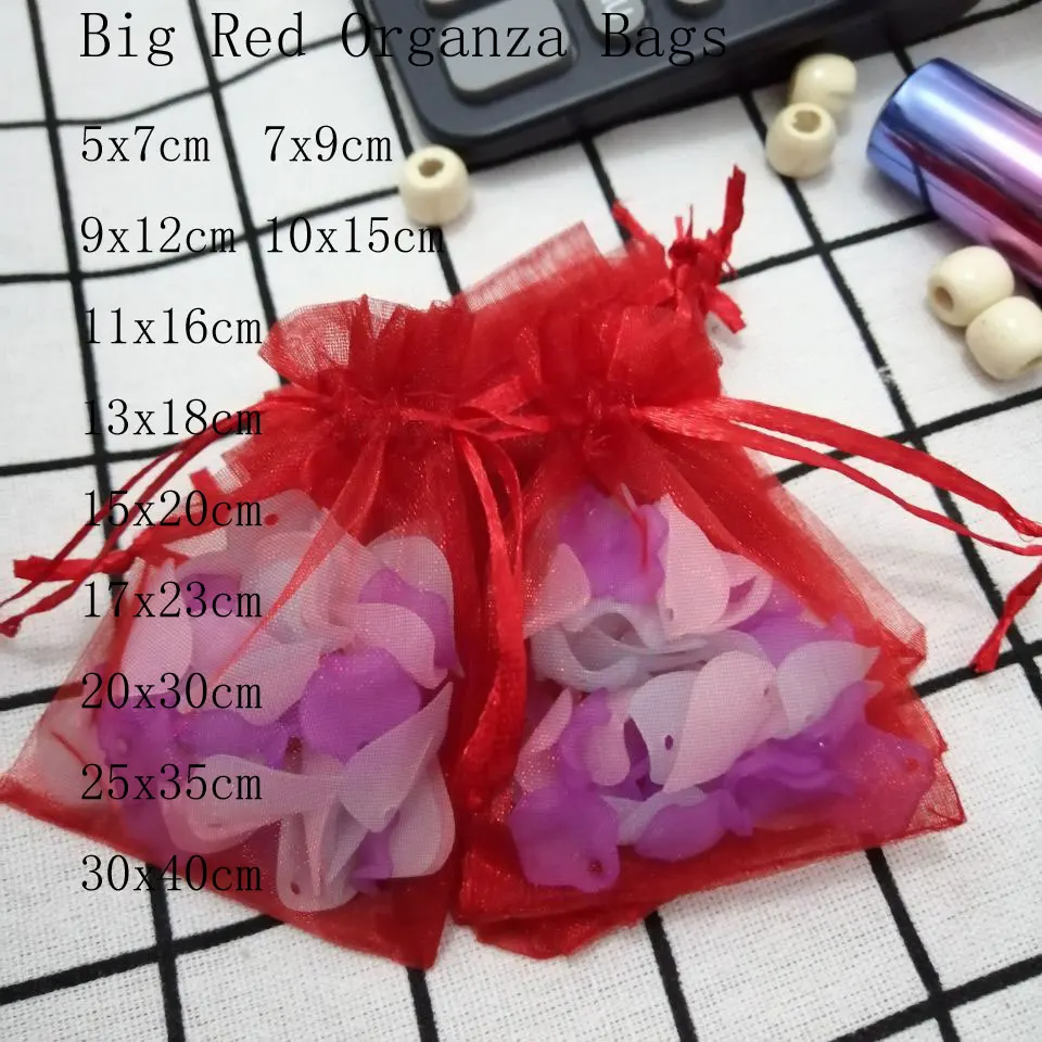 

Big Red Organza Bags 100pcs/Lot 7x9 9x12 10x15 13x18 15x20 17x23 cm Jewelry Drawstring Bags Christmas/Wedding/Gift Packing Bags