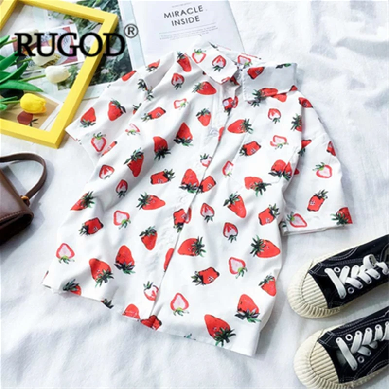 

RUGOD Women strawberry and peach print blouse cute turn down collar short sleeve loose sweet shirt new summer fashion female top