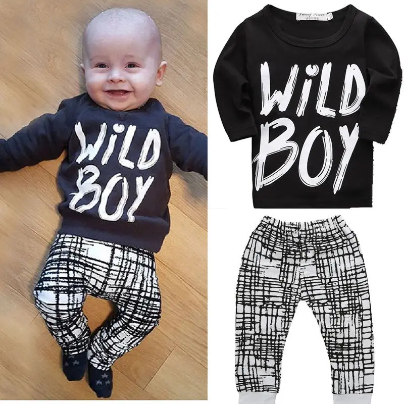 Hot Newborn Baby Kids Boys Wild Boy Letter Long Tops Plaid Pants