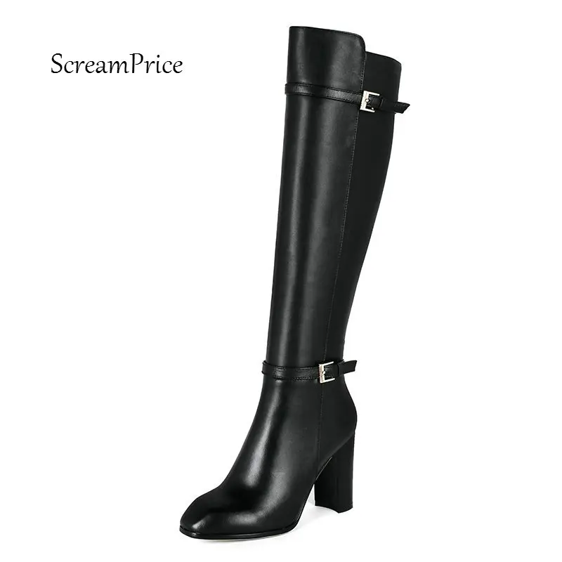 

Women Genuine Leather Side Zipper Fashion Buckle Knee High Keep War Winter Boots Comfortable Thick Heel Boots Black