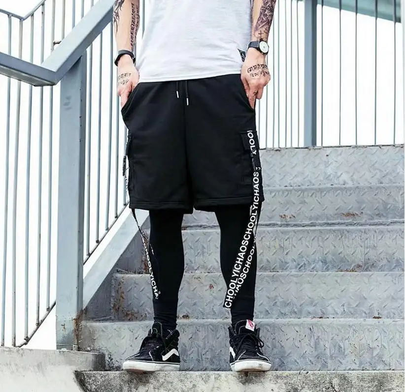 Fashion Street Wear Summer New Men Shorts Side Ribbon Cross Drawstring Hip hop Street Dance Men Summer Running Bodysuit Leggings8