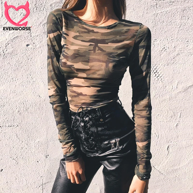 

Evenworse 2019 Camouflage tshirt women long sleeve body slim O-neck tees lady T-shirt summer autumn crop top streetwear