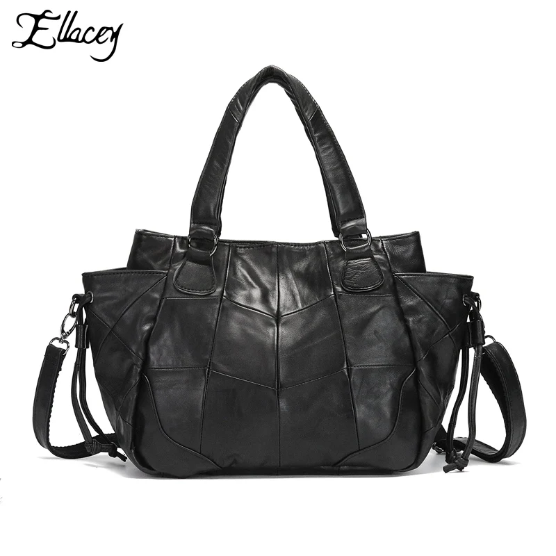

2019 Soft Sheepskin Women Handbag Stitching Sheepskin Leisure Shoulder Handbag Simple Patchwork Genuine Leather Female Tote