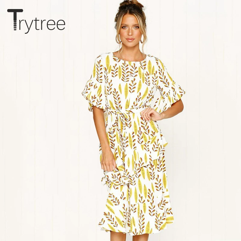 

Trytree Summer Autumn Dress Women Casual Print Floral O-Neck Butterfly Sleeve Elegant Dresses Mid-Calf A-Line Ruffles Hem Dress