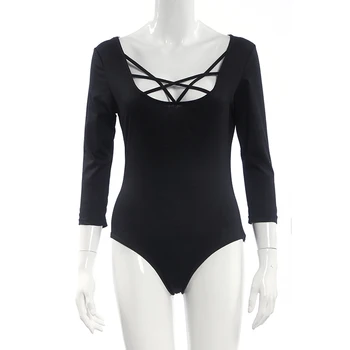 

Women Tight Cross Bandage Cropped Long Sleeve Sexy Playsuits Sexy Rompers Bandage V-Neck Skinny Bodysuits