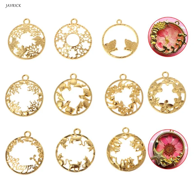 

Round Floral Frame Metal DIY Epoxy Resin Crafts UV Resin Exquisite Carved Jewelry Pendant Earrings Hollow Charms Holder Frame