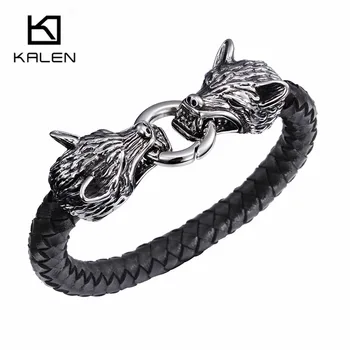 

Kalen New Punk Stainless Steel Double Wolf Head Biker Bracelets High Quality Gothic Leather Animal Men Cool Bracelet Bangle