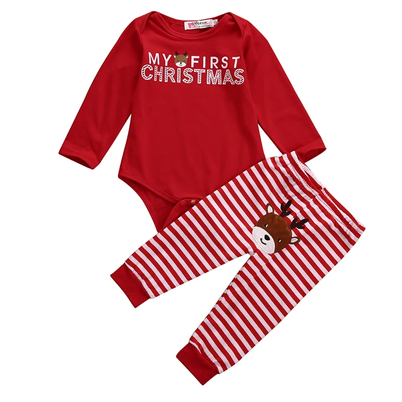 Рождественский хлопковый комбинезон для новорожденных девочек и мальчиков+ длинные штаны, одежда для детей от 0 до 18 месяцев - Цвет: Красный