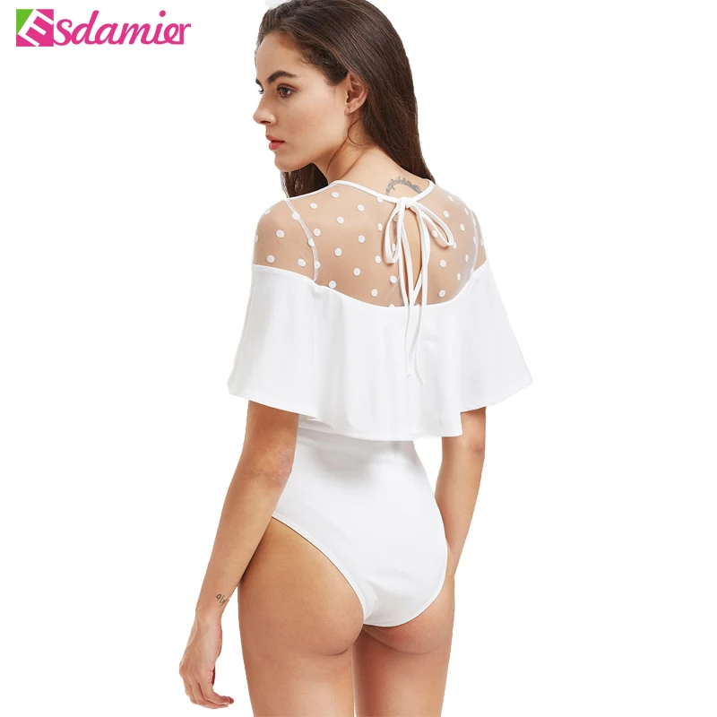  Sexy Dot Mesh Patchwork Women Bodysuit Skinny Ruffle Body Top Summer Combinaison Femme Fashion Body