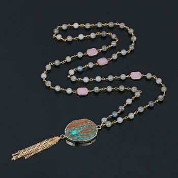 

Natural Labradorite Long Necklace Handmade Gold Chain Tassel Green Stone Necklace Rectangle Rose Quartz Bead Necklaces For Women
