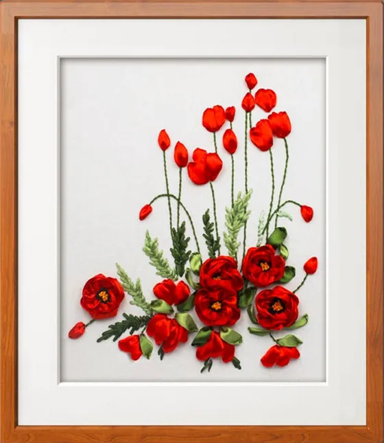 Red poppy flower Ribbon embroidery kit finished picture canvas paint