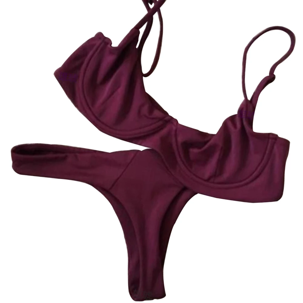 

QI DIAN Red wine color Swimwear Women Bikini 2017 Sexy Push up Swimsuit Solid Bathing Suit Brazilian Bikini set biquinis QD618