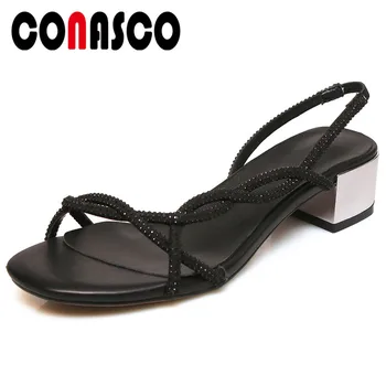 

CONASCO 2019 Summer New Concise Thin Strap Women Sandals Bling Shallow Rome High Heels Fashion Party Casual Basic Shoes Woman